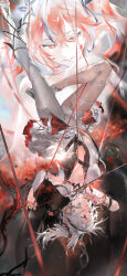 1girl absurdres asymmetrical_clothes black_eyes breasts camellya_(wuthering_waves) chiaspicy chinese_commentary clothing_cutout collar commentary_request dark_persona dress earrings gold_earrings hair_ribbon hair_vines hand_up highres jewelry looking_ahead medium_breasts multiple_views navel open_mouth pants red_eyes red_hair red_ribbon ribbon short_hair sideless_dress single_pantsleg smile stomach_cutout upside-down white_collar white_dress white_hair white_pants wuthering_waves
