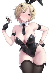 1girl absurdres ace_(playing_card) ace_of_spades animal_ears armband beret black_armband black_leotard black_necktie black_thighhighs blonde_hair bracelet breasts brown_eyes brown_hair card closed_mouth collarbone commander_(girls&#039;_frontline) commission covered_navel cross cross_earrings detached_collar earrings fake_animal_ears girls&#039;_frontline gloves gold_bracelet hair_ornament hairclip half_gloves hand_up hat highres holding holding_card jewelry leaning_forward leotard long_hair looking_at_viewer medium_breasts medium_hair mp40_(champagne_of_spades)_(girls&#039;_frontline) mp40_(girls&#039;_frontline) necktie nekobao playboy_bunny playing_card ponytail rabbit_ears solo spade_(shape) thighhighs