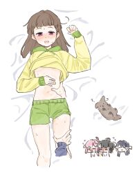 &gt;_&lt; 4girls :d ? animalization anyoji_hime basil_(wgh0anzdple3asf) blunt_bangs blush breasts brown_hair chibi chibi_inset clothes_lift commentary cropped_legs disembodied_hand full-face_blush green_shorts hand_on_another&#039;s_stomach hand_on_another&#039;s_thigh hickey highres hood hoodie hoodie_lift kachimachi_kosuzu kachimachi_kosuzu_(summer_loungewear) link!_like!_love_live! long_hair long_sleeves looking_at_viewer love_live! lying momose_ginko multiple_girls murano_sayaka navel no_bra nose_blush official_alternate_costume on_back on_bed open_mouth person_and_animalization pink_eyes short_shorts shorts side_ahoge sleeves_past_wrists small_breasts smile stomach symbol-only_commentary underboob virtual_youtuber white_background yellow_hoodie yuri