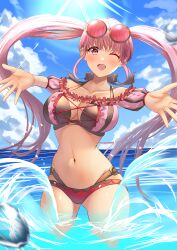 1girl ;d absurdres arerex bikini blue_sky breasts cleavage cloud collarbone commentary_request eyewear_on_head fire_emblem fire_emblem:_three_houses fire_emblem_heroes gluteal_fold highres hilda_valentine_goneril hilda_valentine_goneril_(summer) large_breasts long_hair navel nintendo ocean official_alternate_costume one_eye_closed open_mouth outdoors pink-tinted_eyewear pink_bikini pink_eyes pink_hair reaching reaching_towards_viewer sky smile solo stomach sunglasses sunlight swimsuit thighs tinted_eyewear twintails