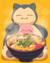 bowl cheese closed_eyes closed_mouth creatures_(company) fangs food food_focus game_freak gen_1_pokemon hand_up highres katsu_(food) katsudon_(food) kirby kirby_(series) miclot nintendo no_humans onion pokemon relaxing rice simple_background smile snorlax steam yellow_background