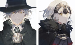Rule 34 | + +, 1boy, 1girl, 57krmt, absurdres, artist name, black cape, black hat, black shirt, brooch, cape, chain, closed mouth, collared shirt, commentary, edmond dantes (fate), fate/grand order, fate (series), fur-trimmed cape, fur trim, glint, hat, headpiece, highres, id (fate/grand order), jeanne d&#039;arc alter (avenger) (fate), jeanne d&#039;arc alter (fate), jewelry, looking at viewer, shirt, short hair, simple background, smile, symbol-shaped pupils, twitter username, upper body, watermark, white background, white hair, wing collar, yellow eyes