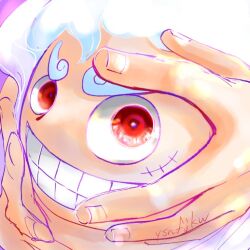 Rule 34 | 1boy, alternate form, clenched teeth, close-up, commentary, gear fifth, male focus, monkey d. luffy, one piece, red eyes, scar, scar on face, smile, solo, teeth, thick eyebrows, white hair, ysnfjkw