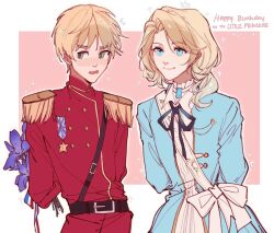 Rule 34 | 2boys, @ @, arms behind back, award ribbon, axis powers hetalia, belt, blonde hair, blue eyes, blue robe, blush, border, bouquet, flower, france (hetalia), green eyes, high collar, highres, holding, holding behind back, holding bouquet, icy suluoluo, jacket, looking at another, low ponytail, male focus, medal, medium hair, military, military jacket, military uniform, multiple boys, pink background, ponytail, red jacket, ribbon, robe, sash, short hair, simple background, smile, thick eyebrows, united kingdom (hetalia), upper body, wavy hair, white border, white sash