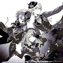 1girl 2boys ascot cherico closed_mouth commentary_request copyright_notice dress gloves hair_between_eyes hat juliet_sleeves kamishiro_rui kusanagi_nene long_hair long_sleeves monocle multicolored_hair multiple_boys official_art parted_lips project_sekai puffy_sleeves short_hair simple_background streaked_hair tenma_tsukasa vest white_background