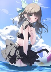 1girl ;d absurdres airi_(blue_archive) alternate_costume back_bow backlighting ball beachball bikini bikini_skirt black_bikini black_bow blue_archive blue_sky blush bow breasts brown_hair cleavage clenched_hand commentary_request day eyes_visible_through_hair floating_hair frilled_bikini frills green_bow green_eyes green_halo hair_between_eyes hair_bow half_updo halo hand_up happy heimu_(heim_kstr) highres long_hair looking_at_viewer medium_breasts ocean one_eye_closed open_mouth outdoors sky smile solo swimsuit water_drop