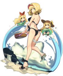 1girl alice_margatroid alternate_costume ass bag bikini black_bikini blonde_hair blue_eyes boa_(brianoa) breasts brown_hat commentary commentary_request faux_figurine flower full_body hairband hat hat_flower holding holding_bag innertube looking_at_viewer looking_back medium_breasts red_hairband sandals shanghai_doll short_hair side-tie_bikini_bottom solo standing standing_on_one_leg swim_ring swimsuit thigh_strap touhou water waves yellow_flower