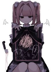Rule 34 | 1girl, aegyo sal, black eyes, blood, blood on ground, blunt bangs, bow, cross, drawn wings, dress, frilled dress, frills, hair bow, holding portrait, implied attack, knees together feet apart, knees up, knife, original, pink hair, planted, portrait (object), ribbon, sidelocks, sitting, smile, solo, tombstone, twintails, upper body, uxvqx, white background