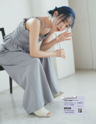 1girl blue_hair brown_eyes dress flat_chest grey_dress indoors japanese_(nationality) jewelry kobayashi_aika lipstick looking_at_viewer makeup open_shoes photo_(medium) real_life ring short_hair sitting voice_actor