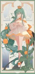1girl aryarwr back_bow bare_legs bow breasts brooch bud cleavage cleavage_cutout clothing_cutout crown dress flower footwear_ribbon framed frilled_sleeves frills full_body gem green_eyes green_gemstone green_hair green_theme hair_between_eyes hatsune_miku head_tilt heart heart_hands high_collar highres jewelry leaf legs_together limited_palette long_hair long_sleeves looking_at_viewer medium_breasts mini_crown neck_ribbon one_eye_closed orange_bow orange_flower orange_ribbon orange_rose orange_theme own_hands_together plant puffy_long_sleeves puffy_sleeves ribbon rose shoes short_dress smile solo star_brooch thorns twintails very_long_hair vines vocaloid white_dress white_shoes