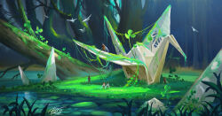 bird bug chinnkun clover fantasy forest grass landscape nature origami original painterly paper_crane rock signature sunlight water