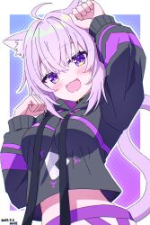 1girl ahoge animal_ears arms_up black_hoodie blush cat_ears cat_girl cat_tail fang food_print highres hololive hood hoodie kaie looking_at_viewer nekomata_okayu nekomata_okayu_(1st_costume) onigiri_print open_mouth pants paw_pose purple_eyes purple_hair short_hair skin_fang smile solo tail virtual_youtuber white_pants