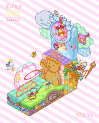 anniversary artist_name bell blush blush_stickers buttonbee castle character_name closed_eyes closed_mouth copyright_name crown english_text gem highres holding holding_sword holding_weapon kirby kirby&#039;s_epic_yarn kirby_(series) motor_vehicle nintendo no_humans one-eyed prince_fluff red_gemstone single_sock sleeping smile socks soldier_(kirby) star_(symbol) striped_background stuffed_animal stuffed_toy sword teddy_bear thick_eyebrows torkirby treasure_chest two-tone_background v-shaped_eyebrows waddle_dee weapon white_socks yarn yarn_kirby yin-yarn zeke_(kirby) zipper