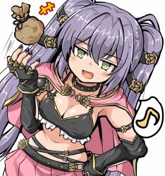 +++ 1girl belt blush breasts capelet cleavage elbow_gloves epic_seven gloves green_eyes hair_ornament hand_on_own_hip jewelry long_hair medium_breasts money_bag musical_note nail_polish necklace open_mouth purple_hair rinak_(epic_seven) skirt smile solo spoken_musical_note tsuzuri_(tuzuri) twintails