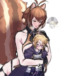 Rule 34 | ..., 1boy, 1girl, age difference, animal ears, antenna hair, blazblue, blonde hair, blue eyes, blush, breast press, breasts, brown eyes, brown hair, cape, carl clover, female pervert, fingerless gloves, glasses, gloves, half-closed eyes, heavy breathing, highres, hug, juneplums, looking at another, looking down, makoto nanaya, multicolored hair, necktie, nirvana (blazblue), onee-shota, open mouth, pervert, revealing clothes, round eyewear, short hair, squirrel ears, squirrel tail, streaked hair, sweatdrop, tail, thong, underboob, white background