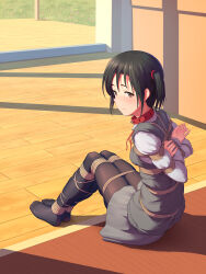 1girl absurdres arms_behind_back arms_up bdsm bell black_hair black_pantyhose blush bondage bound bound_arms bound_legs bound_wrists breasts brown_eyes chinese_commentary closed_mouth collar commentary_request day from_side full_body grass grey_skirt hair_tie highres himitsu_(hi_mi_tsu_2) indoors jingle_bell legs_together long_sleeves looking_at_viewer looking_to_the_side no_shoes on_floor original pantyhose red_collar red_ribbon ribbon rope school_uniform shibari shibari_over_clothes shirt sitting skirt small_breasts smile solo sunlight sweater_vest tareme white_shirt wooden_floor
