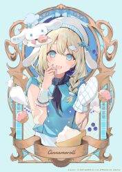 1girl 2025 absurdres animal_ears blonde_hair blue_background blue_eyes blue_hair blue_nails blue_shirt braid character_name cinnamoroll dog_ears fake_animal_ears food fuwa_fuwa_cinnamoroll hat highres holding holding_food long_hair looking_at_viewer multicolored_hair necomi open_mouth oven_mitts sanrio shirt short_sleeves simple_background smile streaked_hair striped_mittens twin_braids upper_body white_hat white_wrist_cuffs wrist_cuffs