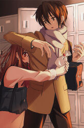 Rule 34 | 1boy, 1girl, 621 joker 123, asahina mikuru, bag, brown hair, brown pants, coat, commentary request, grey scarf, hetero, highres, hug, hug from behind, koizumi itsuki, long hair, long sleeves, pants, pink coat, plaid clothes, plaid scarf, red scarf, scarf, school bag, suzumiya haruhi no yuuutsu, yellow coat