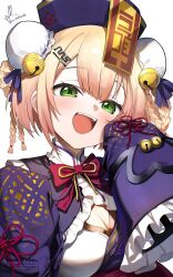1girl :d bell blonde_hair bow bowtie braid braided_hair_rings breasts bun_cover center-flap_bangs china_dress chinese_clothes cleavage_cutout clothing_cutout commentary_request detached_sleeves double-parted_bangs double_bun dress frilled_sleeves frills green_eyes hair_bun hair_rings hat highres hololive jiangshi_costume jingle_bell kito_koruta large_breasts looking_at_viewer momosuzu_nene momosuzu_nene_(5th_costume) official_alternate_costume official_alternate_hairstyle ofuda ofuda_on_head open_mouth purple_dress purple_hat qingdai_guanmao red_bow red_bowtie short_hair simple_background sleeves_past_fingers sleeves_past_wrists smile solo teeth upper_body upper_teeth_only virtual_youtuber white_background