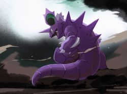 black_eyes claws commentary_request creatures_(company) from_behind full_body game_freak gen_1_pokemon highres looking_to_the_side nidoking nintendo no_humans open_mouth pokemon pokemon_(creature) sharp_teeth standing teeth uninori