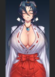 1girl arms_at_sides blue_hair bow breasts cleavage closed_eyes curvy goggles goggles_on_head gonster highres huge_breasts japanese_clothes jewelry kimono large_breasts lips long_hair magatama magatama_necklace necklace open_clothes open_kimono red_bow sengoku_ace sengoku_blade simple_background solo togashi_koyori wide_hips