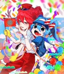 2girls apron ball blush bow buttons cloud confetti day double-parted_bangs dress drill_hair flag gloves hair_between_eyes hand_on_another&#039;s_cheek hand_on_another&#039;s_face hat hat_bow hatsune_miku highres holding holding_flag kasane_teto kepi mesmerizer_(vocaloid) military_hat multiple_girls noose open_mouth outstretched_arm pants potta1059040 red_eyes red_hair red_hat red_pants rope shirt short_sleeves sky sleeves_rolled_up striped_bow striped_clothes striped_dress striped_hat striped_shirt suspenders sweatdrop twin_drills utau visor_cap vocaloid waist_apron white_wrist_cuffs wrist_cuffs yellow_gloves