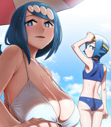 2girls arm_up ass beach_umbrella bikini blue_bikini blue_eyes blue_hair breasts bright_pupils cloud day eyelashes hair_ornament hairband highres lana&#039;s_mother_(pokemon) lana_(pokemon) long_hair mother_and_daughter multiple_girls nintendo nutkingcall open_mouth outdoors pokemon pokemon_(anime) pokemon_sm_(anime) short_hair shoulder_blades sky sweat swimsuit umbrella white_pupils yellow_hairband