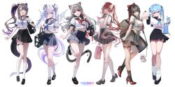 6+girls absurdres airi_kanna akane_lize animal_ears arahashi_tabi arm_up artist_request ayatsuno_yuni bag loose_socks bare_legs black_choker black_eyes black_hair black_sailor_collar black_shoes black_skirt black_socks blue_eyes blue_hair bow breasts brown_hair cat_ears cat_tail choker commentary_request crop_top crop_top_overhang dragon_tail fang feathered_wings grey_hair hair_bow hair_rings hayan high-waist_skirt high_heels highres iridescent kkato kneehighs korean_commentary large_breasts leg_up loafers long_hair looking_at_viewer midriff miniskirt multicolored_hair multiple_girls neckerchief neneko_mashiro open_mouth pleated_skirt purple_eyes red_eyes red_hair red_high_heels sailor_collar school_bag school_uniform serafuku shirayuki_hina shirt shoes short_sleeves shoulder_bag side_ponytail simple_background skirt smile socks stellive streaked_hair tail thighs twintails two-tone_hair virtual_youtuber wavy_hair white_background white_hair white_shirt white_socks wings