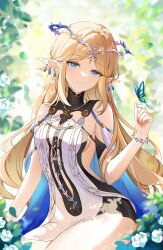 1girl artist_name bare_shoulders black_collar black_dress blonde_hair blue_eyes breasts bug butterfly butterfly_on_hand cartethyia_(wuthering_waves) closed_mouth collar commentary crown_of_thorns dress earrings hand_up highres insect jewelry kleune long_hair looking_at_viewer multiple_earrings necklace outdoors parted_bangs pointy_ears sidelocks small_breasts smile solo tabard tacet_mark_(wuthering_waves) thighs very_long_hair white_tabard wuthering_waves