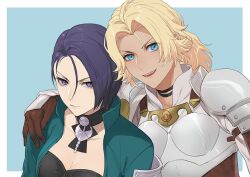 Rule 34 | 2girls, :d, aqua jacket, arm around shoulder, armor, black choker, blonde hair, blue background, blue eyes, blue hair, border, breastplate, breasts, brown gloves, catherine (fire emblem), choker, cleavage, collarbone, fire emblem, fire emblem: three houses, gloves, hand on another&#039;s shoulder, isa (peien516), jacket, medium breasts, multiple girls, nintendo, open mouth, outside border, purple eyes, shamir nevrand, shoulder armor, smile, upper body, white border