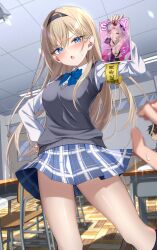 2boys 2girls absurdres armband blonde_hair blue_bow blue_bowtie blue_eyes blue_skirt blush book bow bowtie breasts classroom commentary frown grey_sweater_vest hairband hand_on_own_hip highres holding holding_book kunimine_yuzuki looking_at_viewer manga_(object) medium_breasts multiple_boys multiple_girls open_mouth original plaid_clothes plaid_skirt pov shirt skirt solo_focus sweater_vest white_shirt wind wind_lift