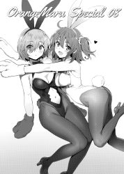 2girls absurdres adapted_costume animal_ears bare_shoulders breasts cleavage cleavage_cutout clothing_cutout detached_collar fake_animal_ears fate/grand_order fate_(series) gradient_background greyscale hair_over_one_eye high_heels highres leg_up leotard looking_at_viewer mash_kyrielight medium_breasts monochrome multiple_girls navel open_mouth pantyhose playboy_bunny rabbit_ears rabbit_paws rabbit_tail scan short_hair simple_background smile strapless strapless_leotard tail yd_(orange_maru)