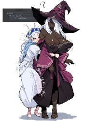 2girls ? absurdres areola_slip black_dress black_hat blue_eyes breasts clenched_teeth covered_erect_nipples covered_penis dark-skinned_female dark_skin doll_joints dress elden_ring elden_ring_nightreign flower_wreath futa_with_female futanari grabbing_another&#039;s_breast grabbing_from_behind groping hat height_difference highres hug hug_from_behind huge_breasts huge_penis joints long_hair mochiume9 multiple_girls penis recluse_(elden_ring) revenant_(elden_ring) simple_background standing teeth translation_request white_background white_dress white_hair witch_hat