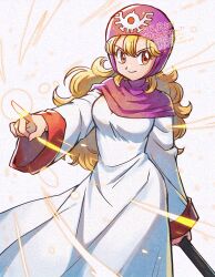 1girl absurdres artist_name betabetamaru blonde_hair closed_mouth commentary_request curly_hair dragon_quest dragon_quest_ii floating_clothes floating_hair highres holding holding_staff index_finger_raised long_hair looking_to_the_side official_alternate_eye_color official_alternate_hair_color pink_hood princess_of_moonbrook red_eyes robe smile staff white_background white_robe