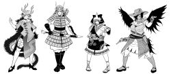 4girls adapted_costume animal_ears antlers armor armored_dress arrow_(projectile) belt boots breasts bridle bullet chain check_commentary choker cleavage collarbone colored_sclera commentary_request cowboy_boots cowboy_hat cowgirl_(western) doll_joints dragon_tail dress dual_wielding eyeliner facial_mark facial_tattoo feathered_wings full_body greyscale gun hair_over_one_eye handgun haniyasushin_keiki hat helmet high_heels highres holding holster hood horns horse_tail japanese_armor jewelry joints joutouguu_mayumi kabuto_(helmet) kicchou_yachie kote kurokoma_saki kurokote lamellar_armor large_breasts leather leather_boots legs_together lipstick looking_at_viewer magatama magatama_necklace makeup monochrome multicolored_skirt multiple_girls necklace off_shoulder overskirt pants parted_lips pauldrons pigeon-toed pouch quiver revolver rope ryuuichi_(f_dragon) sandals scabbard scale_armor scales scar scarf sheath shell shirt short_hair shoulder_armor shoulder_strap side_slit simple_background skirt smile spiked_shell spurs standing strap suneate sword tail tattoo thigh_strap touhou tunic unsheathing weapon wily_beast_and_weakest_creature wings wood_carving_tool