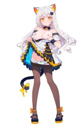 Rule 34 | 1girl, absurdres, animal ear fluff, animal ears, bell, black pantyhose, bow, bow panties, breasts, breasts out, cat ears, cat girl, cat hair ornament, cat tail, closed mouth, clothes lift, clothes pull, detached collar, dress, dress lift, dress pull, frilled dress, frills, full body, hair ornament, highres, jingle bell, large breasts, lifting own clothes, linhangwei, long hair, looking at viewer, mary janes, neck bell, nipples, off-shoulder dress, off shoulder, orange eyes, original, panties, pantyhose, pantyhose pull, pulling own clothes, shoes, simple background, smile, solo, standing, tail, tail bow, tail ornament, underwear, white background, white dress, white hair, white panties, yellow bow