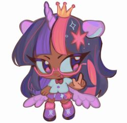 1girl :p alternate_skin_color animal_ears argyle_clothes argyle_socks bespectacled black_hair black_shoes blandboyx blue_shirt bow bowtie chibi chibi_only closed_mouth commentary crown cutie_mark dark-skinned_female dark_skin english_commentary facing_viewer fewer_digits full_body glasses gold_crown hair_ornament highres horse_ears index_finger_raised kneehighs light-skinned_palms long_hair looking_to_the_side low_wings mini_crown miniskirt multicolored_hair my_little_pony my_little_pony:_equestria_girls my_little_pony:_friendship_is_magic pink-framed_eyewear pleated_skirt purple_eyes purple_hair purple_skirt purple_socks purple_wings red_bow red_bowtie semi-rimless_eyewear shirt shoes short_sleeves sideways_glance simple_background skirt smile socks solo standing star_(symbol) star_hair_ornament straight_hair streaked_hair tongue tongue_out twilight_sparkle twilight_sparkle_(human) unicorn_girl very_dark_skin very_long_hair white_background wings
