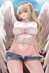 1girl absurdres ahoge angel_wings bare_arms bare_shoulders blonde_hair blue_shorts breasts button_gap buttons cleavage clothes_pull collared_shirt cowboy_shot crop_top denim denim_shorts feathered_wings halo highres large_breasts lillly long_hair looking_at_viewer micro_shorts midriff navel open_fly open_mouth original ponytail pulling_own_clothes purple_eyes revealing_clothes shirt short_shorts shorts shorts_pull sidelocks sleeveless sleeveless_shirt smile solo standing stomach thighs undersized_clothes very_long_hair white_shirt wings