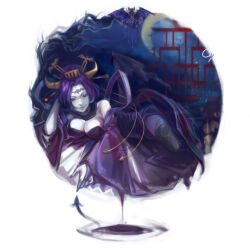 Rule 34 | 1girl, bare shoulders, breasts, closed eyes, crescent moon, crrispy shark, digimon, digimon (creature), highres, large breasts, lattice, lilithmon, long hair, moon, pale skin, ponytail, purple hair, solo, torn wings, very long hair, wide sleeves, wings