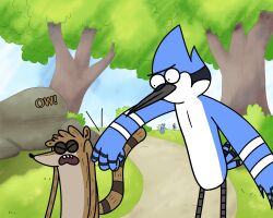 2boys bird_boy commentary english_commentary english_text highres hitting male_focus mordecai_(regular_show) multiple_boys outdoors raccoon_boy regular_show rigby rownou tree