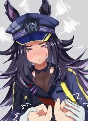 Rule 34 | 1girl, 1other, @ @, absurdres, animal ears, black hair, black hat, black jacket, blush, breasts, cleavage, collarbone, commentary request, ears through headwear, fenomeno (umamusume), gloves, grey background, hat, highres, holding hands, horse ears, horse girl, itsuyoitsuyo, jacket, long hair, long sleeves, looking at viewer, medium breasts, multicolored jacket, peaked cap, purple eyes, sidelocks, simple background, squiggle, trainer (umamusume), two-tone jacket, umamusume, very long hair, wavy mouth, white gloves