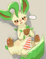 1boy absurdres animal_ears bar_censor blush brown_eyes censored erection gen_4_pokemon highres leafeon looking_at_viewer lying male_focus nintendo on_back open_mouth penis pokemon pokemon_(creature) solo spread_legs tagme tail testicles