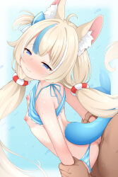 1boy 1girl animal_ear_fluff animal_ears bikini blue_eyes breasts hetero highres indie_virtual_youtuber loli maccha multicolored_hair nipples sameko_saba sex sex_from_behind standing standing_sex streaked_hair swimsuit tail twintails virtual_youtuber