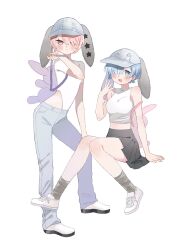 2girls animal_bag animal_ears bare_shoulders baseball_cap blue_eyes blue_hair blush commentary_request crop_top denim hair_over_one_eye hat highres jeans leotard leotard_under_clothes looking_at_viewer looking_to_the_side multiple_girls nitsuki_09 pants pink_eyes pink_hair rabbit_bag rabbit_ears ram_(re:zero) re:zero_kara_hajimeru_isekai_seikatsu rem_(re:zero) siblings simple_background sisters sitting skirt smug socks standing star_(symbol) twins white_background white_leotard