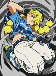 Rule 34 | 1girl, black gloves, blonde hair, braid, breasts, crop top, frown, gloves, goggles, goggles on head, grey background, grey eyes, highres, jet (lethal league), lethal league blaze, long hair, looking at viewer, midriff, moffumofu0000, navel, pants, roller skates, shark, skates, twin braids, white pants
