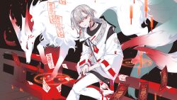 1boy akemi_haine black_nails black_shirt earrings first_stage_production fox_mask grey_hair hair_between_eyes hair_ornament highres jacket jewelry kitsune kyuubi lightning_bolt lightning_bolt_hair_ornament lightning_bolt_symbol looking_at_viewer male_focus mask multicolored_hair multiple_tails official_art ofuda pants red_eyes red_hair shikimi_(yurakuru) shirt solo streaked_hair tail tassel tassel_earrings virtual_youtuber white_jacket white_pants yin_yang