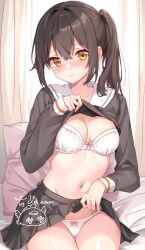 1girl black_shirt black_skirt bra breasts brown_hair cinu cleavage closed_mouth clothes_lift commentary_request embarrassed highres lifting_own_clothes long_hair long_sleeves looking_at_viewer medium_breasts miniskirt navel orange_eyes original panties pleated_skirt ponytail sailor_collar school_uniform serafuku shirt shirt_lift sitting skirt skirt_lift solo stomach underwear white_bra white_panties white_sailor_collar