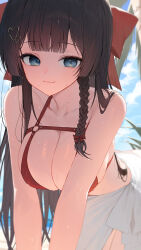 1girl :3 backlighting bare_shoulders bent_over bikini black_hair blue_eyes blurry bow braid breasts cleavage closed_mouth depth_of_field hair_bow highres huhi_(huhi_1211) large_breasts long_hair looking_at_viewer outdoors red_bikini sarong shirayuki_hina smile solo stellive swimsuit very_long_hair virtual_youtuber wet