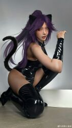 1girl animal_ears asian bare_shoulders black_leotard bleach bleach:_sennen_kessen-hen boots breasts cat_ears collarbone cosplay dark-skinned_female dark_skin female_focus hair_ornament highres large_breasts leotard lips long_hair looking_at_viewer parted_lips photo_(medium) ponytail purple_hair real_life shihouin_yoruichi shihouin_yoruichi_(cosplay) swuchunyi tail tan thigh_boots yellow_eyes