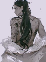 1boy arm_tattoo back back_tattoo braid closed_mouth clothes_down code:_kite dark-skinned_male dark_skin earrings from_behind fur_trim hair_over_shoulder highres jewelry long_hair looking_at_viewer looking_back ma_chao_(code:_kite) male_focus mature_male mole mole_under_eye monochrome muscular muscular_male ponytail profile shoulder_tattoo simple_background solo tattoo upper_body youji446